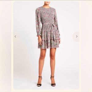 La Vie Rebecca Taylor Pink and Green Floral Smoked Mini Dress w/ belt
